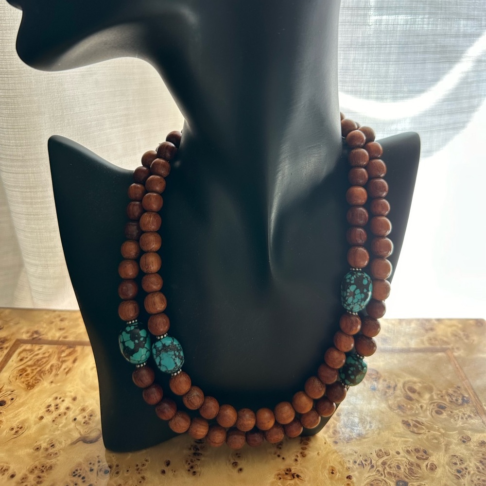 Retired Silpada Sterling Silver Wood and Turquoise Beaded Necklace Toggle